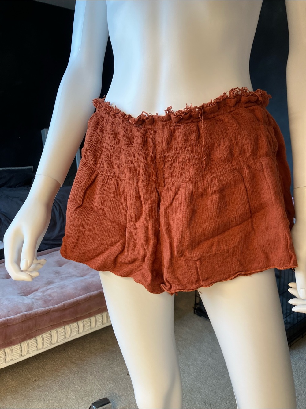 Free People Burnt Orange High-Rise Smocked Gauze Shorts